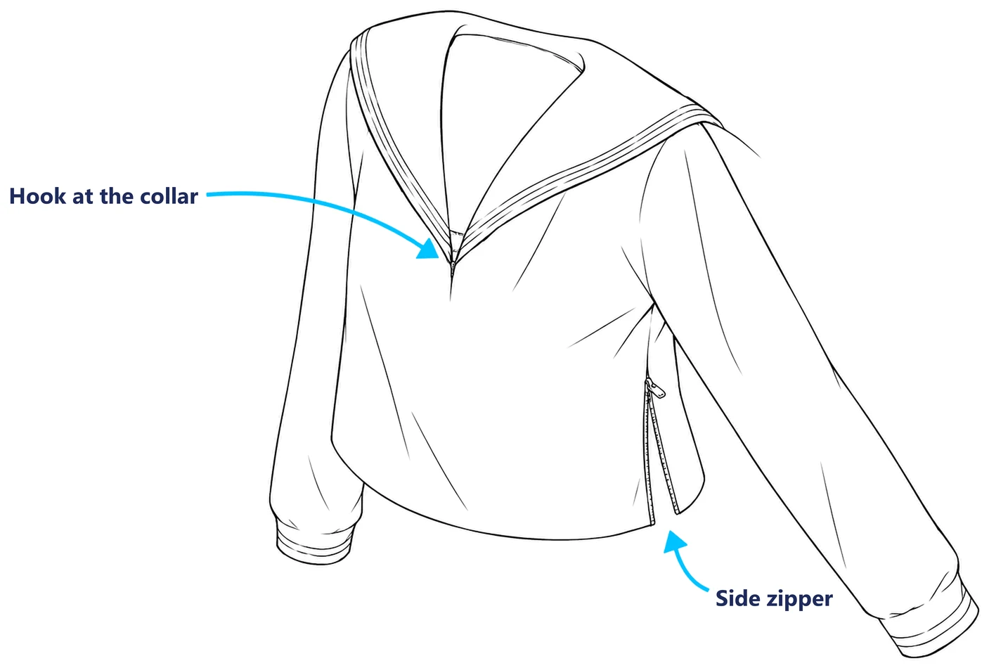A sailor top on its own, showing the hook at the collar and the zipper at the side