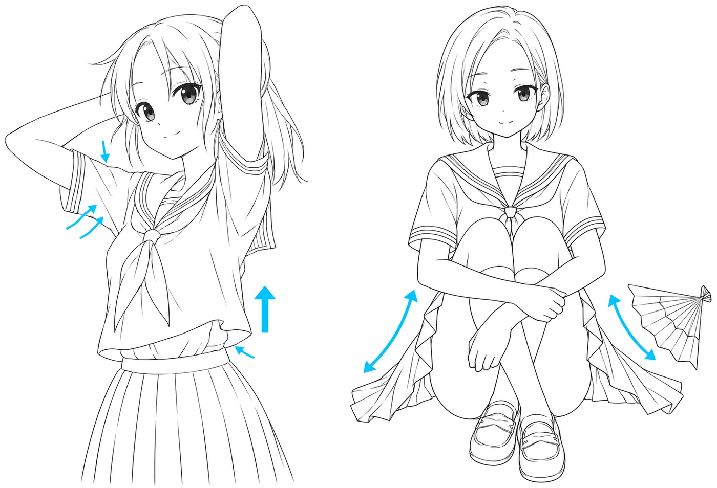 A girl with her hands behind her head and the hem of her top lifted, and a girl sitting with her knees up and her skirt pleats opened
