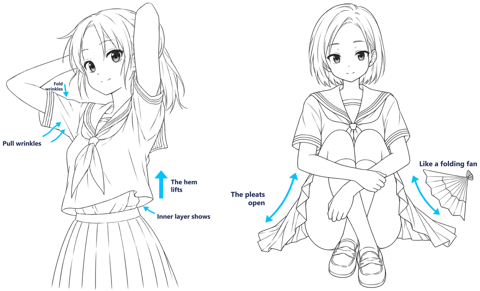 A girl with her hands behind her head and the hem of her top lifted, and a girl sitting with her knees up and her skirt pleats opened