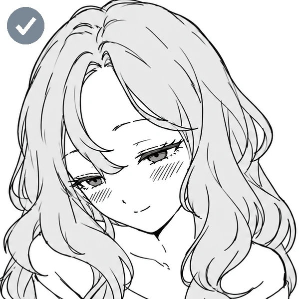 Long-haired girl: a calm smile on the left, an alluring face on the right (alluring)