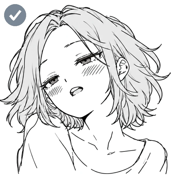 Short-haired girl: a bright smile on the left, an alluring face on the right (alluring)
