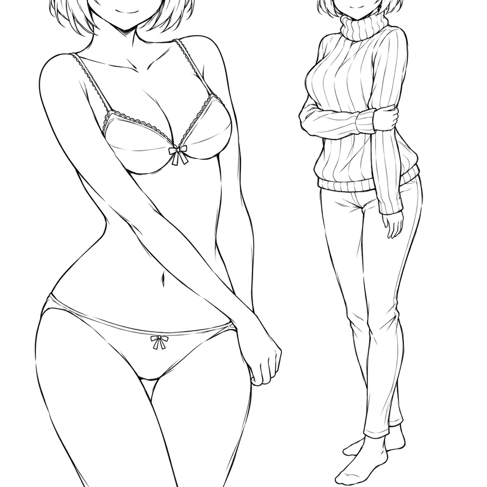 Two figures: one in underwear with an arm across her body, one in a close-fitting sweater and pants