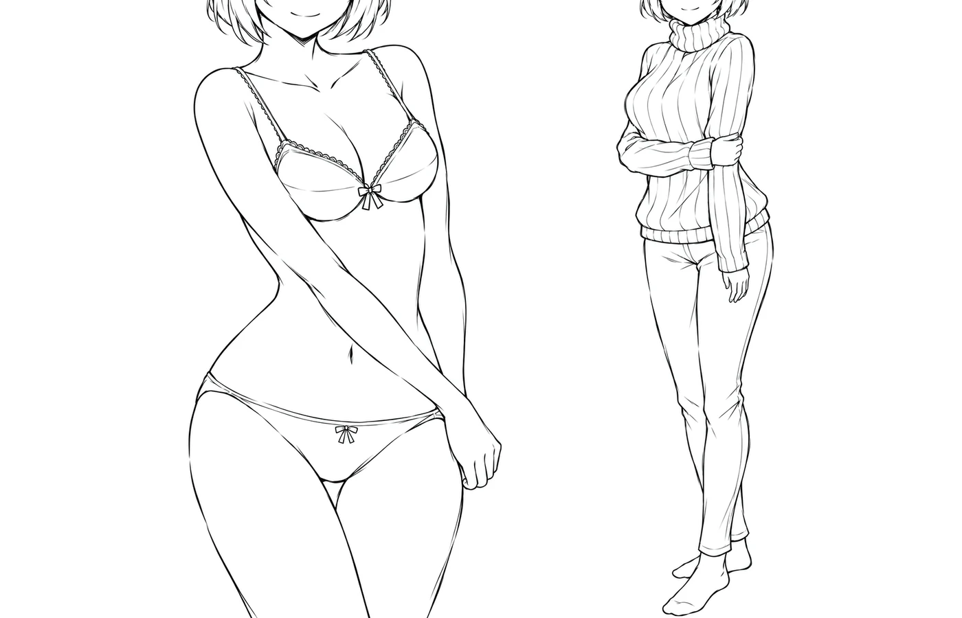 Two figures: one in underwear with an arm across her body, one in a close-fitting sweater and pants