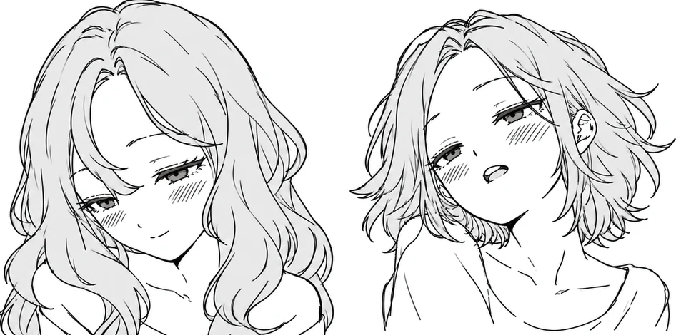 Two faces, each shown as a calm normal expression and an alluring expression with narrowed eyes