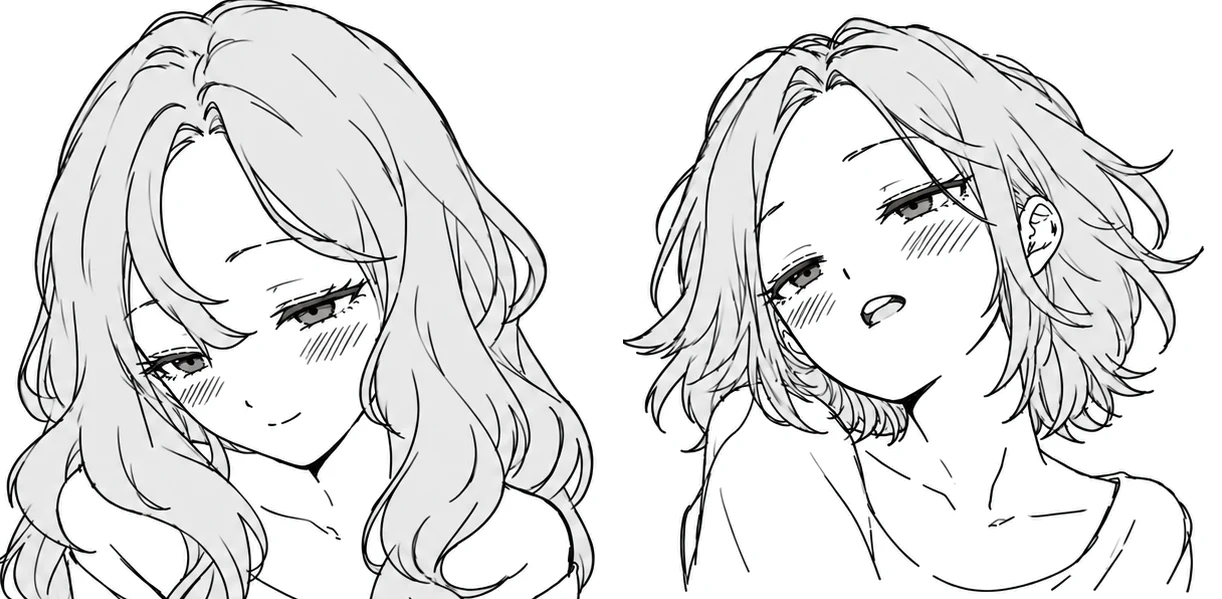 Two faces, each shown as a calm normal expression and an alluring expression with narrowed eyes
