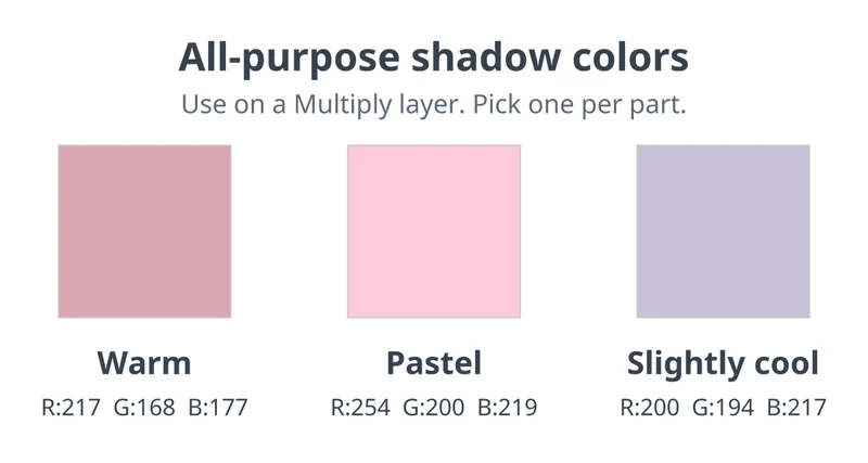 Swatches of the three all-purpose shadow colors with their RGB values