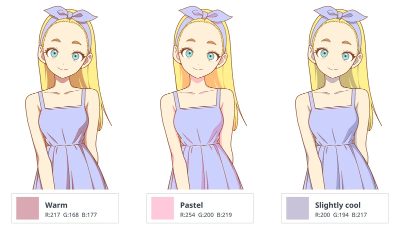 The same anime girl with warm, pastel and slightly cool shadows