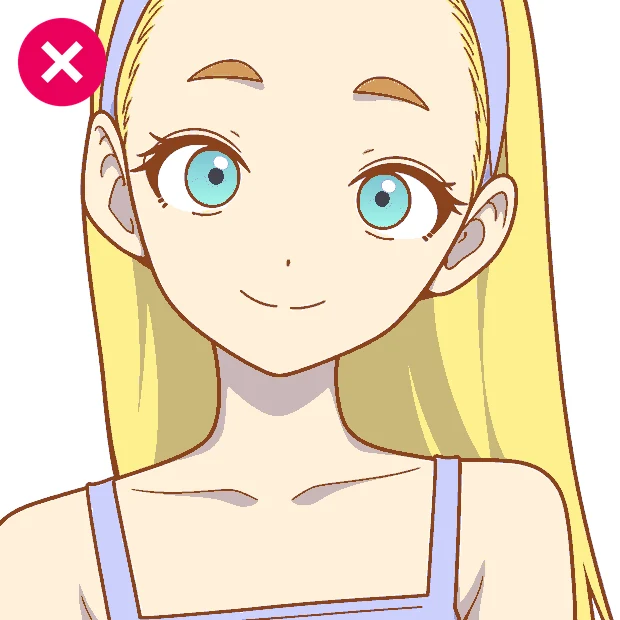 Close-up of the anime girl with slightly cool shadows on everything, marked with a cross