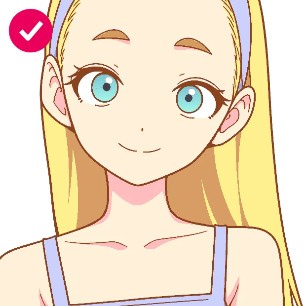 Close-up of the same girl with warm hair shadows and pastel skin shadows, marked with a check