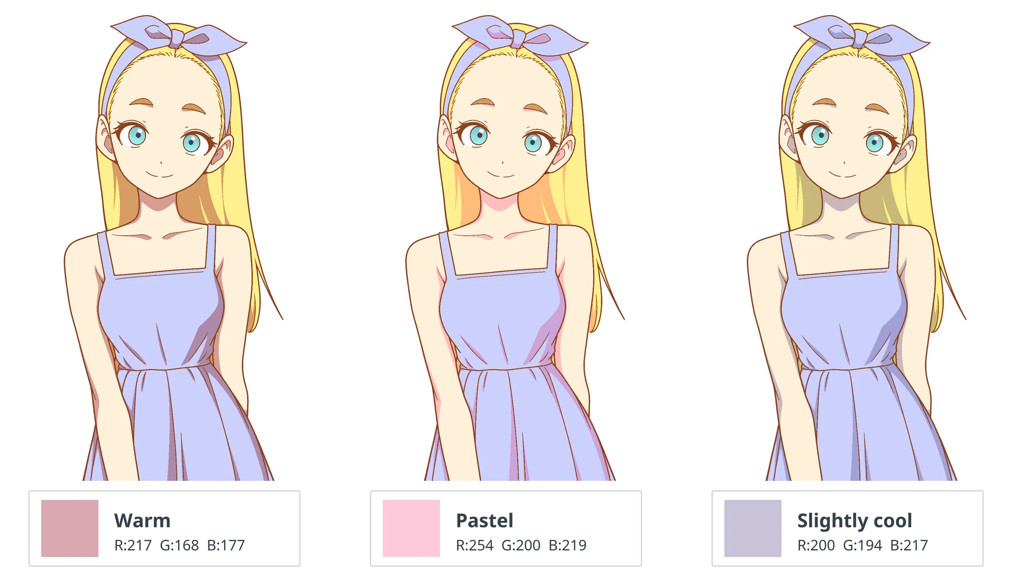 The same anime girl shaded three ways, with warm, pastel and slightly cool shadow colors, each with an RGB swatch