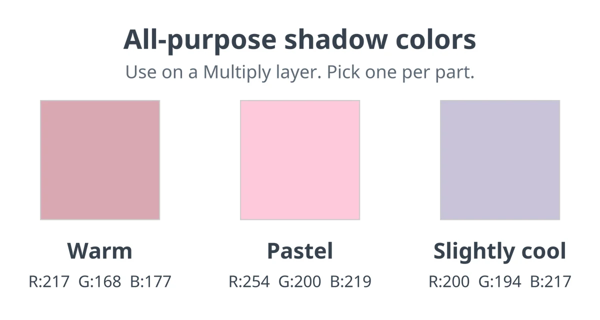 Three swatches labeled Warm R:217 G:168 B:177, Pastel R:254 G:200 B:219 and Slightly cool R:200 G:194 B:217