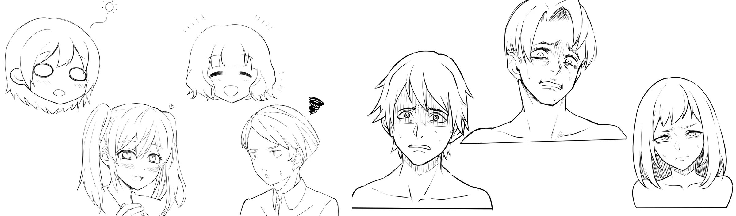 Anime characters from the lesson: faces with symbols like a black swirl, a light bulb and a heart, next to three scared faces