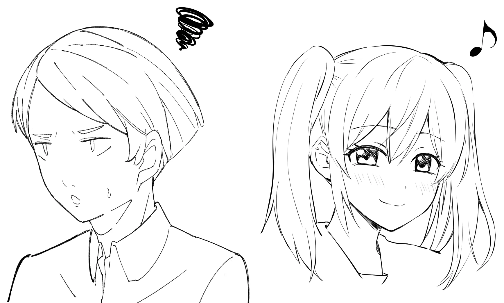 A boy with a black swirl above his head next to a girl with a music note