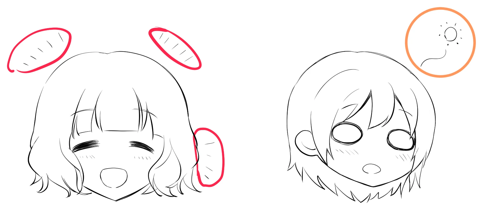 Two chibi faces. Red marks radial lines around a laughing face, an orange circle marks a symbol above a dazed face