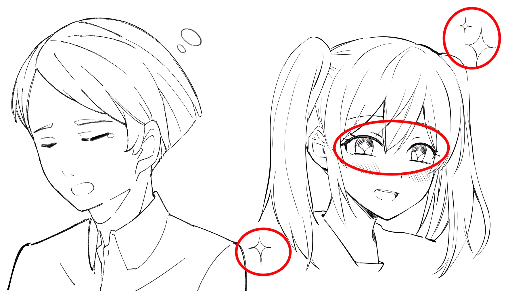 A sleepy boy next to a girl with sparkles in her eyes and around her face, circled in red