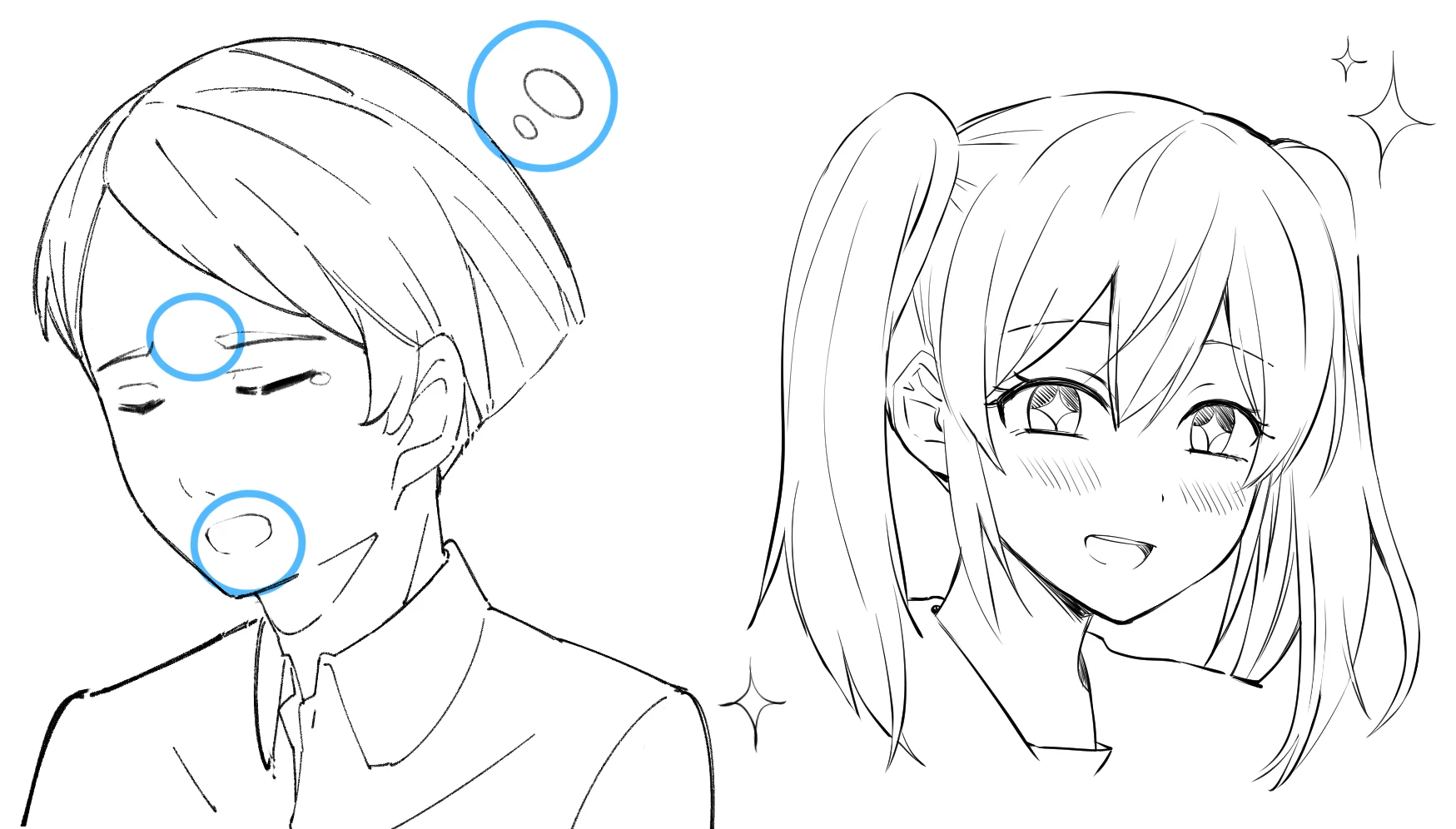 The same sleepy boy. Blue circles mark his brows pulled together, his wide yawn and a small bubble above his head