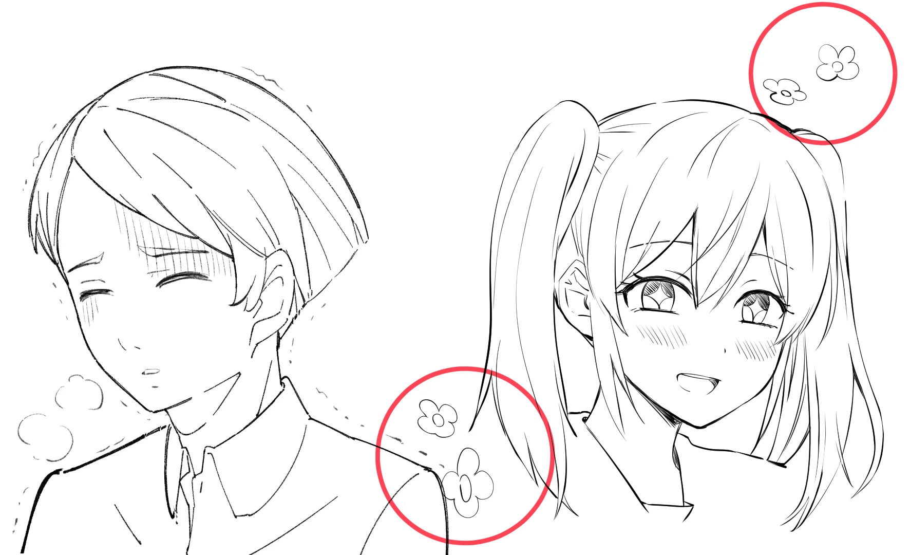 The same pair with flowers drawn around them, circled in red