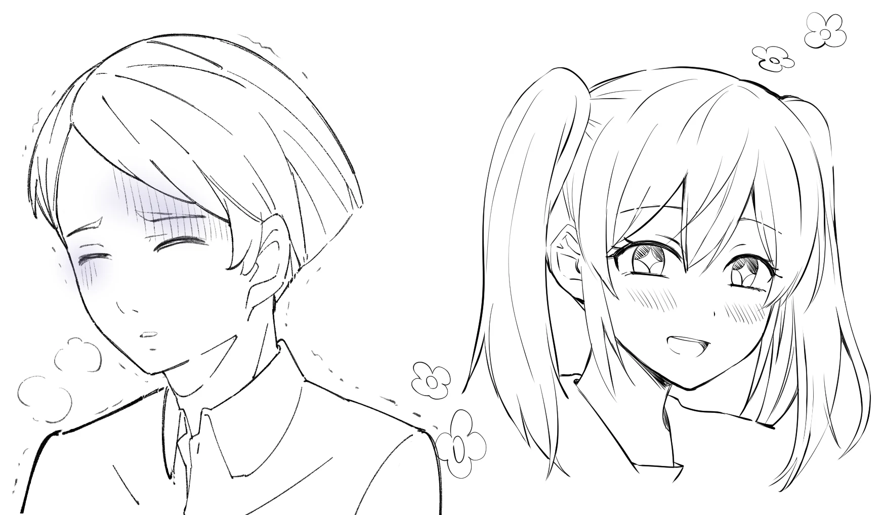 A boy shivering in the cold with puffs of breath and pale vertical lines on his face, next to a smiling girl with flowers