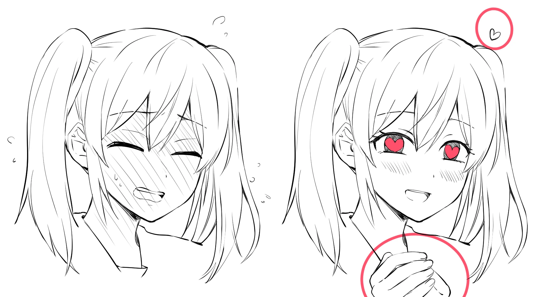 A girl with hearts in her eyes and her hands clasped in front of her face, circled in red