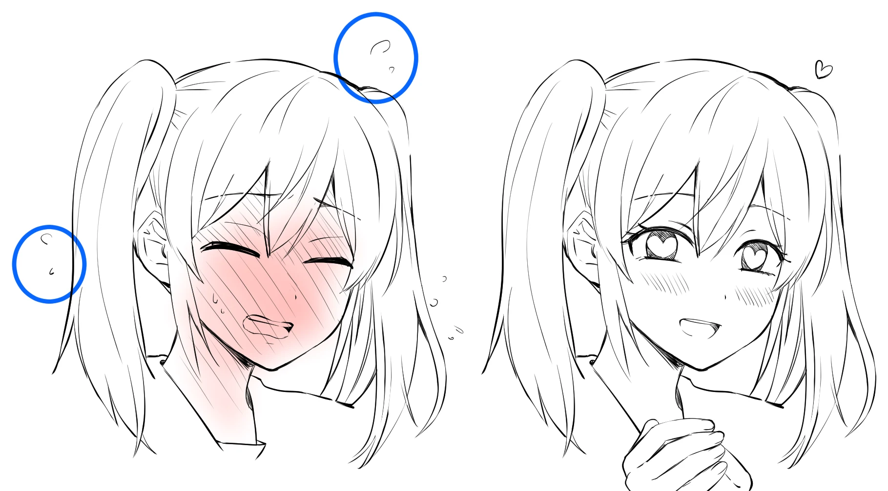 A girl blushing red across her whole face with sweat drops flying off her, circled in blue