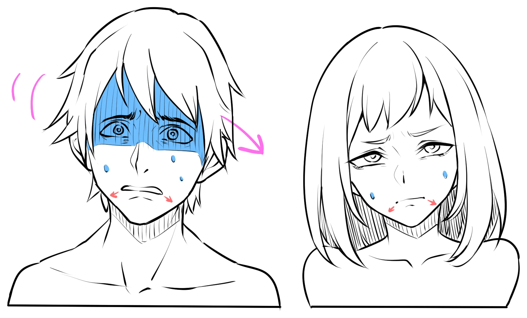 Two scared anime characters. Red arrows mark the mouth corners, blue marks a pale face and sweat, and a pink arrow shows the boy pulling his head back
