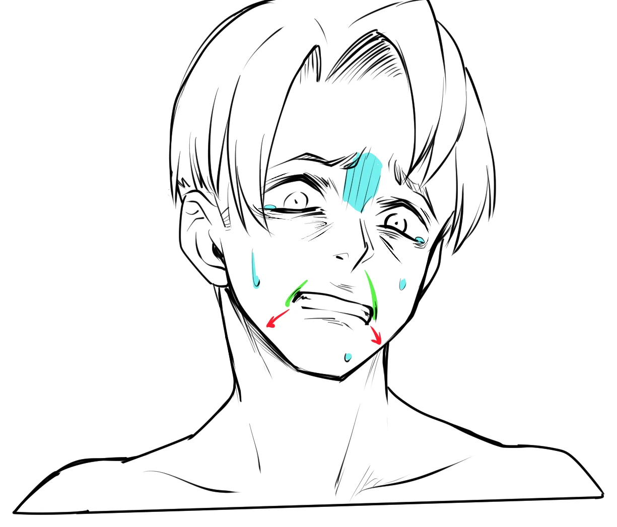 A terrified anime boy clenching his teeth. Red arrows pull the mouth corners down, green marks deep wrinkles and light blue marks sweat and pale lines