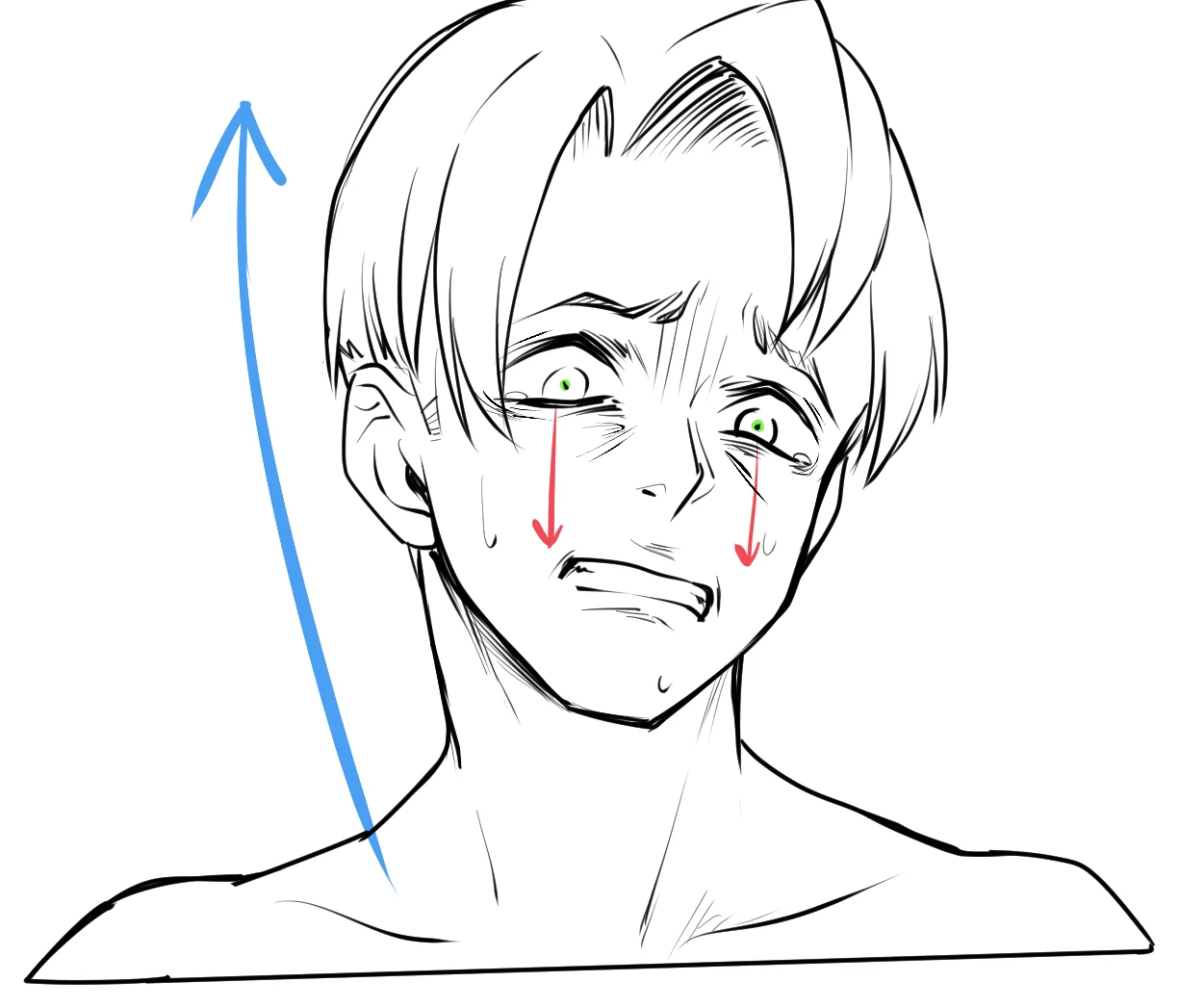 A scared anime boy with a blue arrow showing his face and body pulling back
