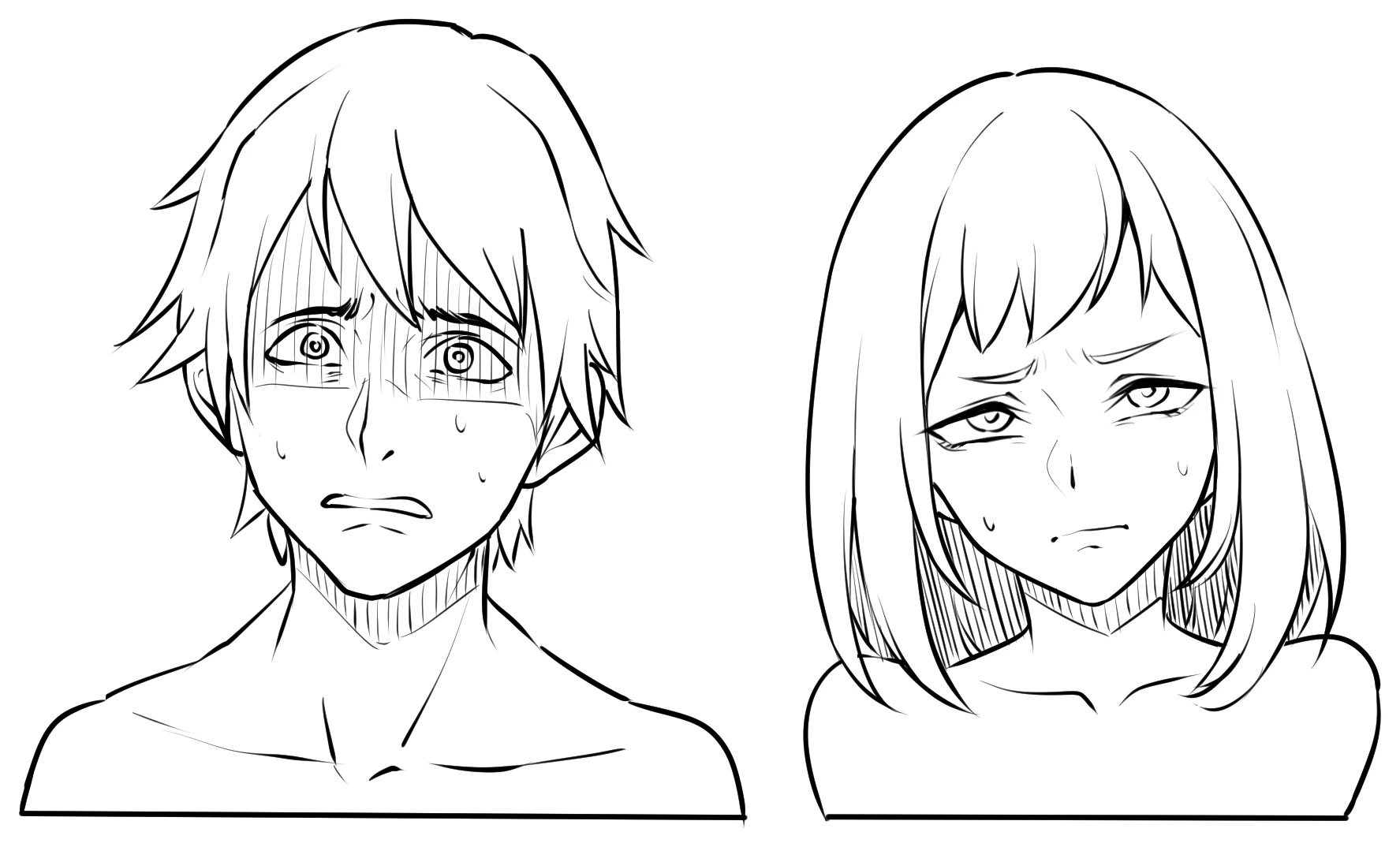Two scared anime characters with raised brows, wide eyes, sweat and tense mouths