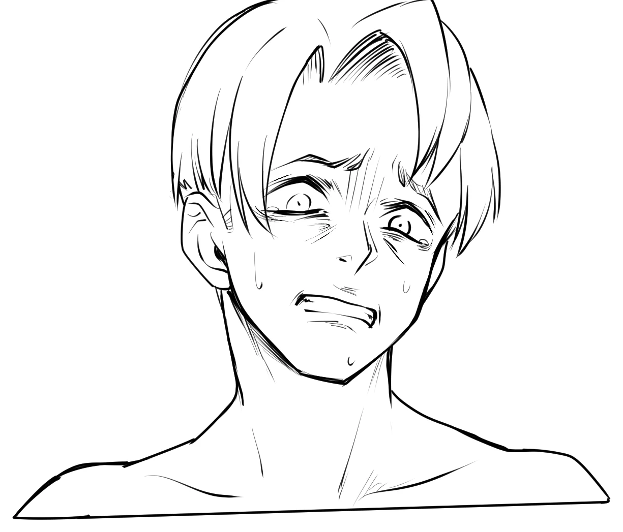 A terrified anime boy with clenched teeth, deep wrinkles and a pale, sweaty face