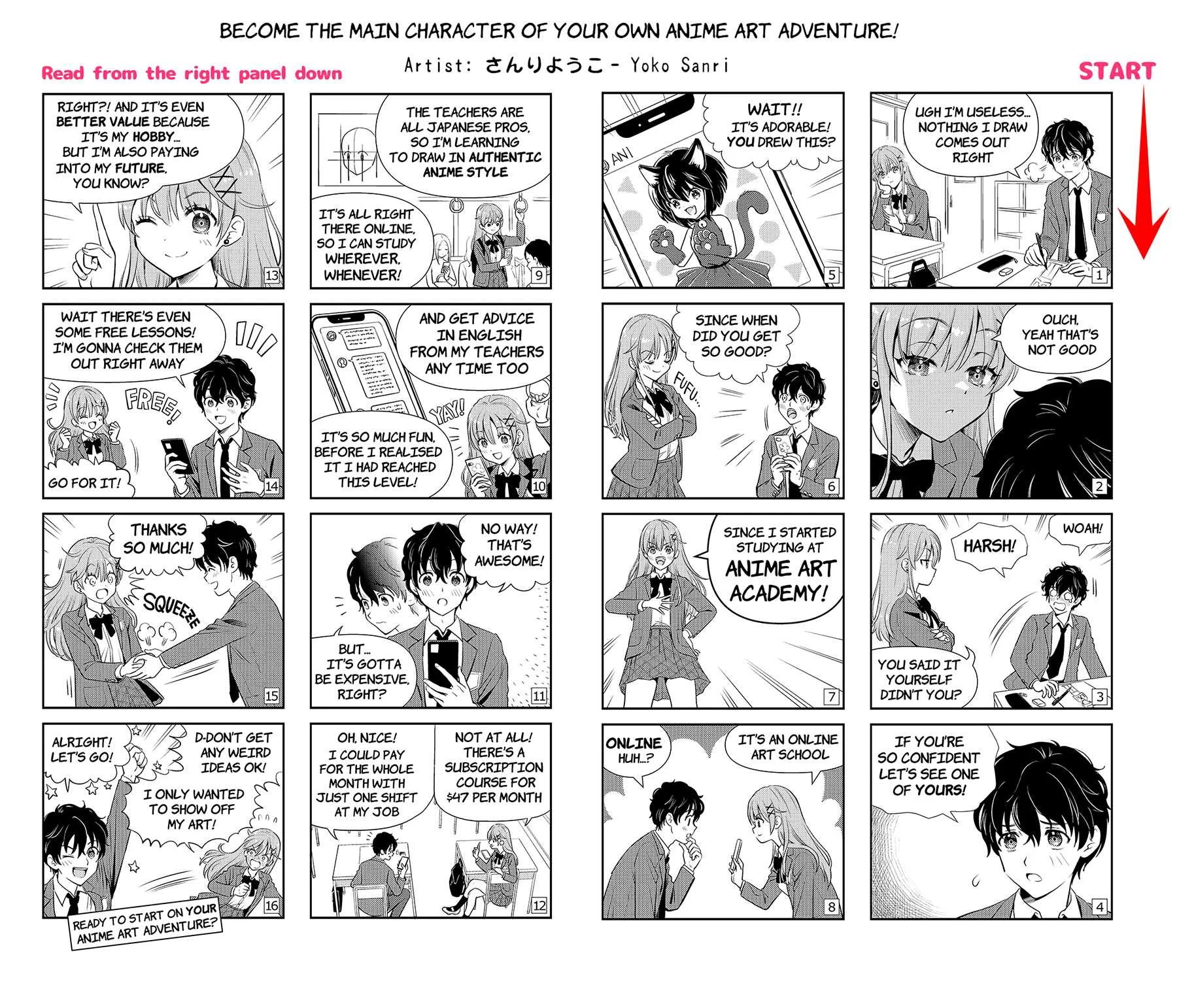 16-panel manga by Yoko Sanri about joining Anime Art Academy. Read from the top right panel down.
